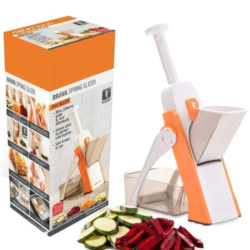 Brava Spring Vegetable Slicer Chopper | Manual Mandoline Cutter / Grinder | Multi-Function Fruit & Vegetable Slicer