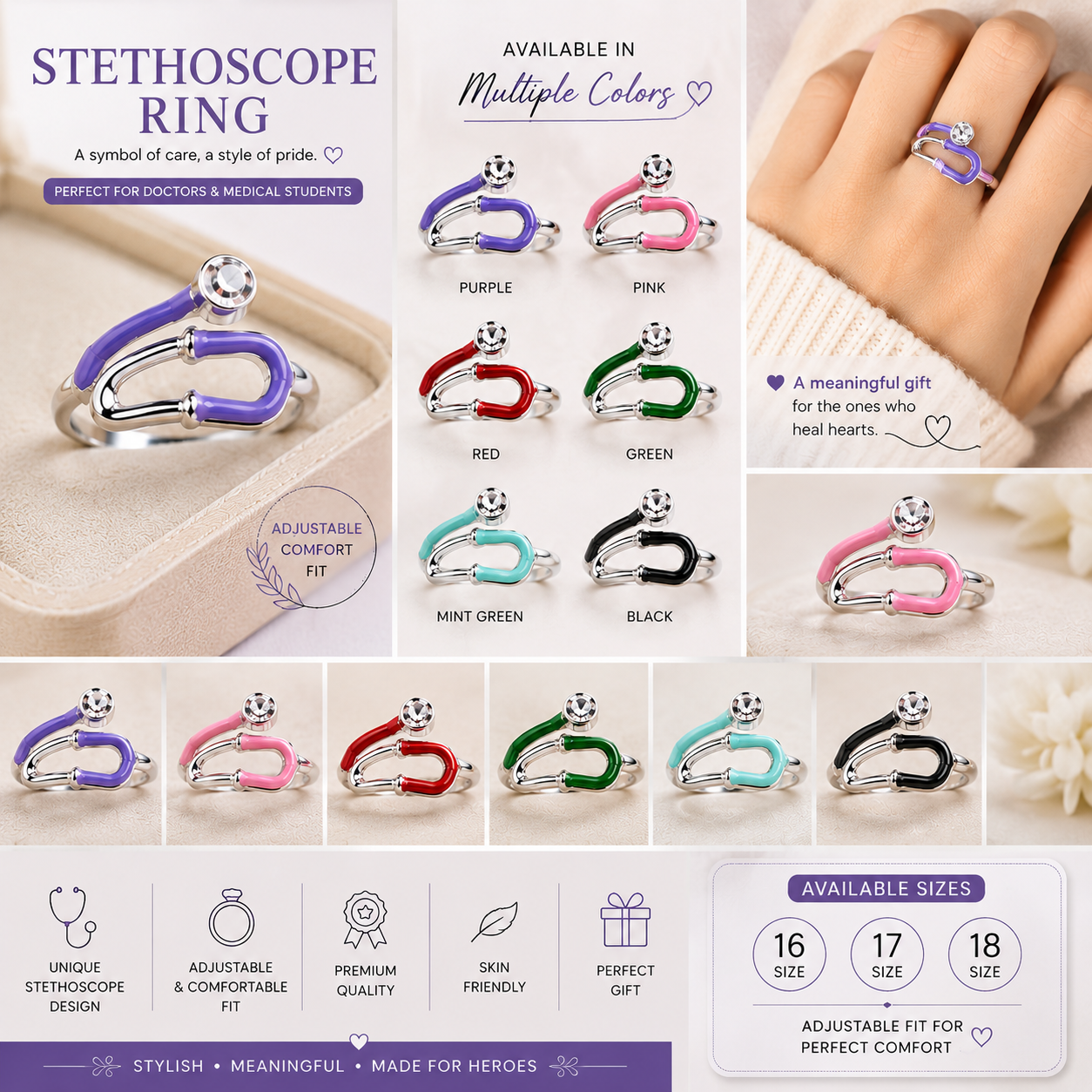 Stethoscope Ring – Adjustable Medical Jewelry for Doctors & Nurses (Multi-Color)